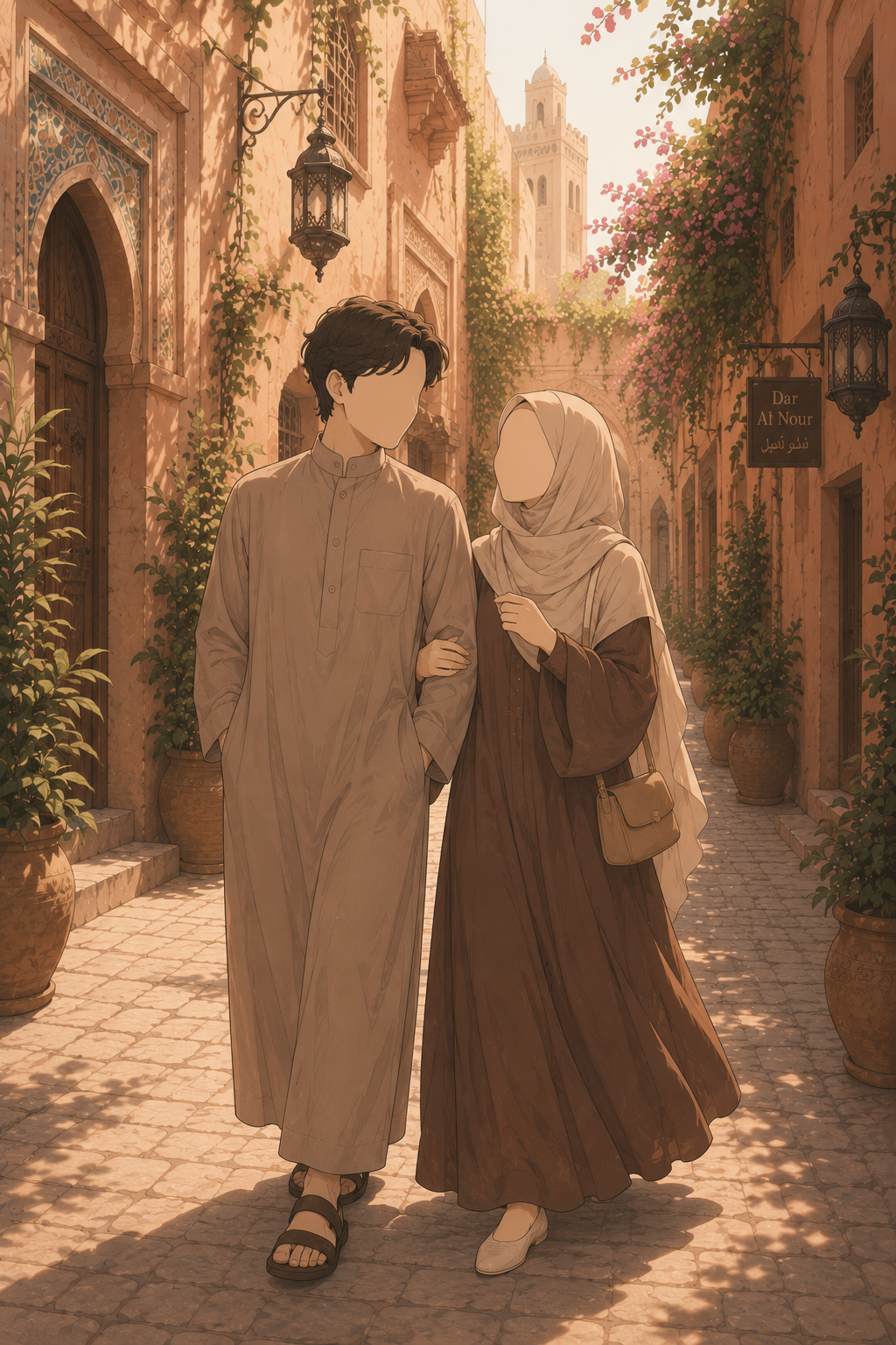 Elegant faceless Muslim couple illustration