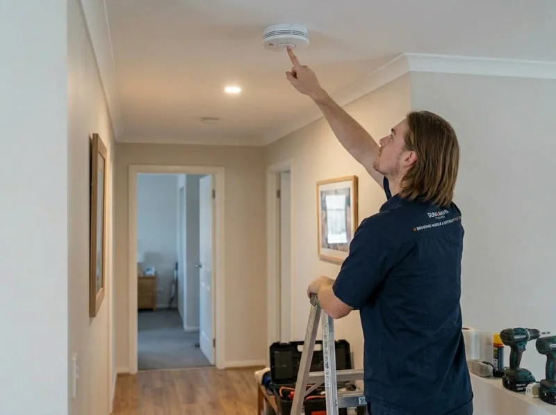 Timmy from Dunamis Power testing a ceiling smoke alarm
