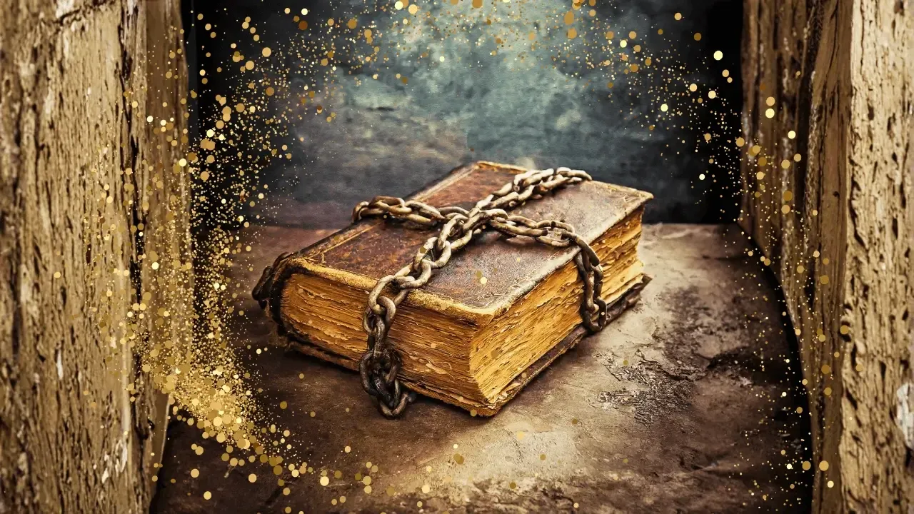 Old book locked with chains