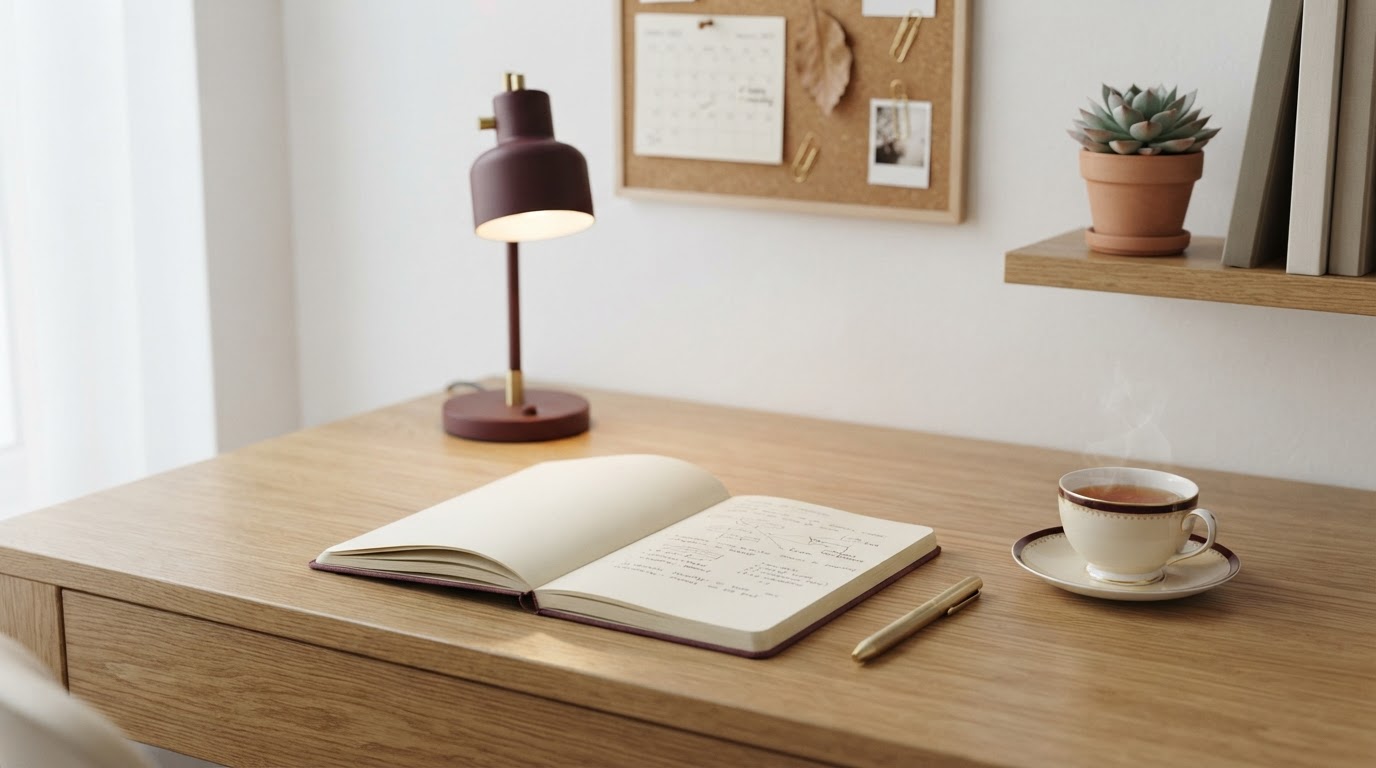 Bureau d'étude ordonné avec cahier et lampe