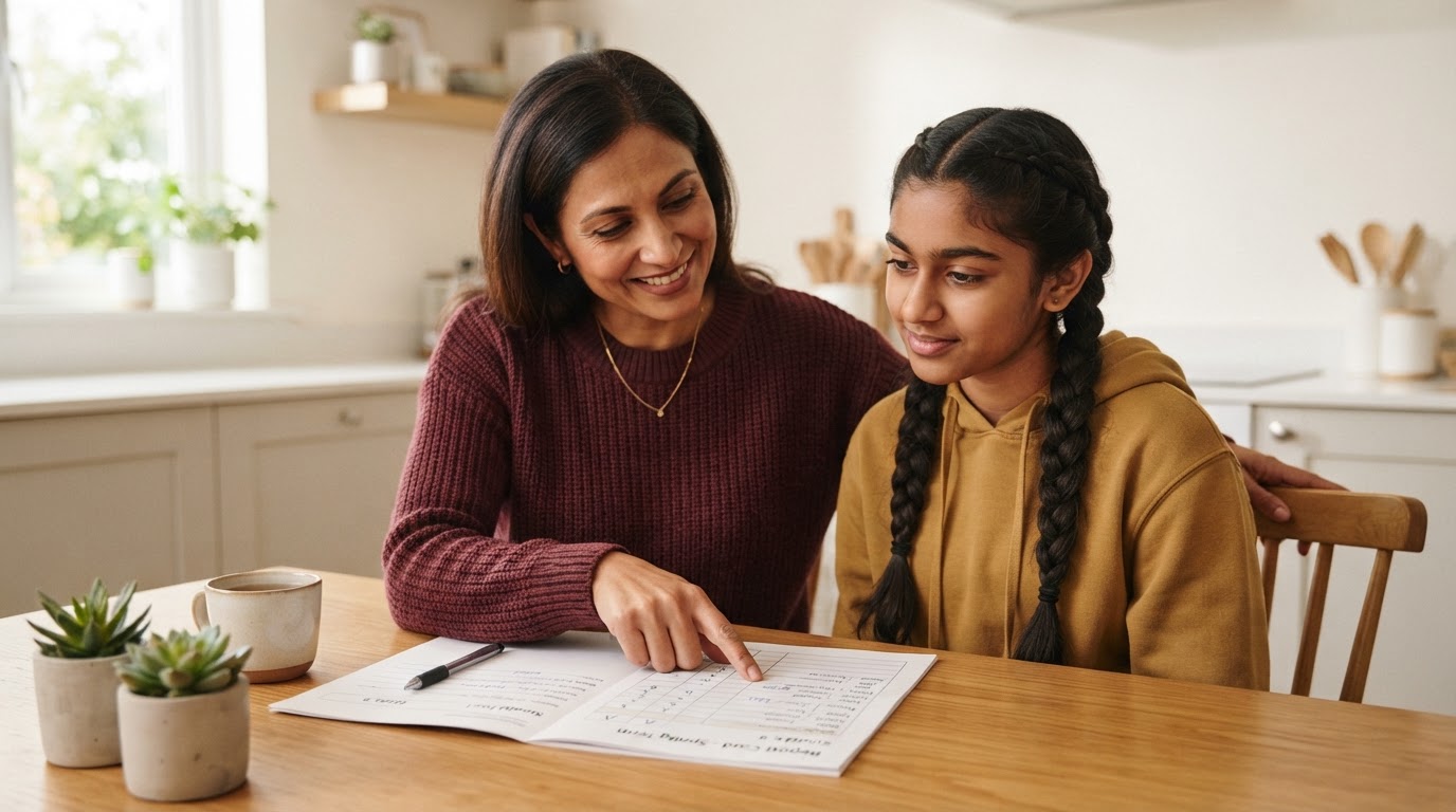 Une mère et son enfant regardent ensemble un document scolaire