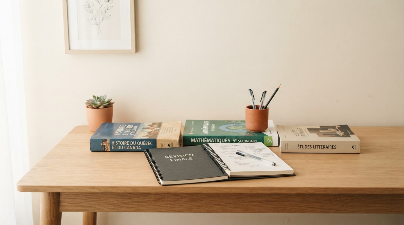 Bureau d'étude épuré avec manuels et cahier pour la préparation des examens