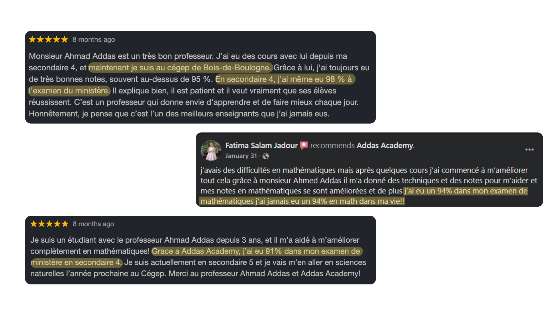Témoignages des élèves et parents