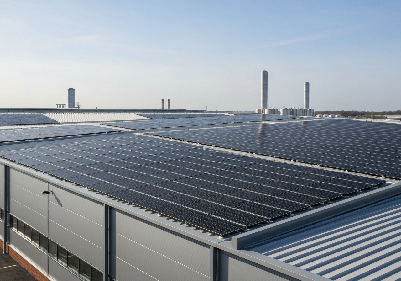 UK factory building exterior with all-black solar panels
