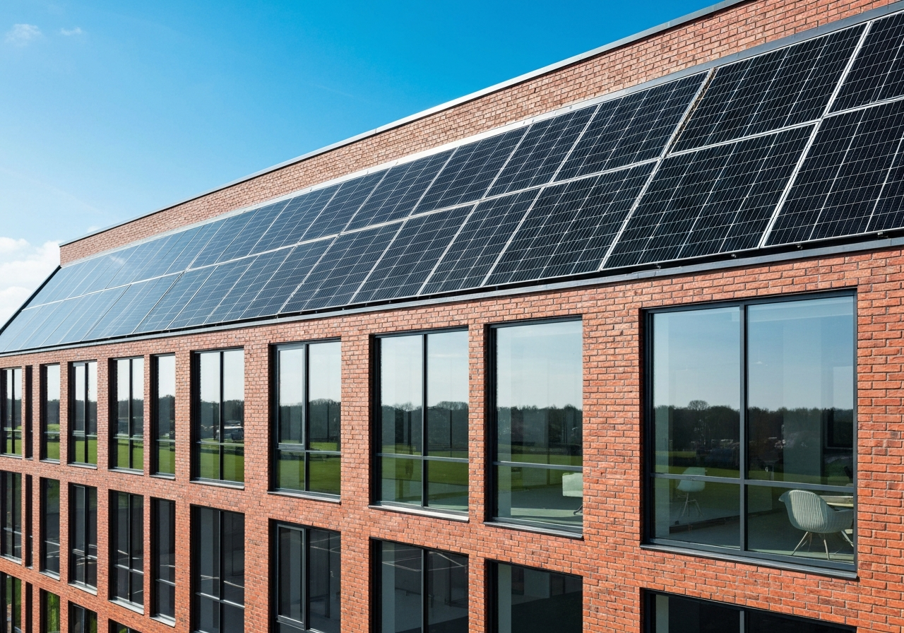 UK business park office building with all-black solar panels