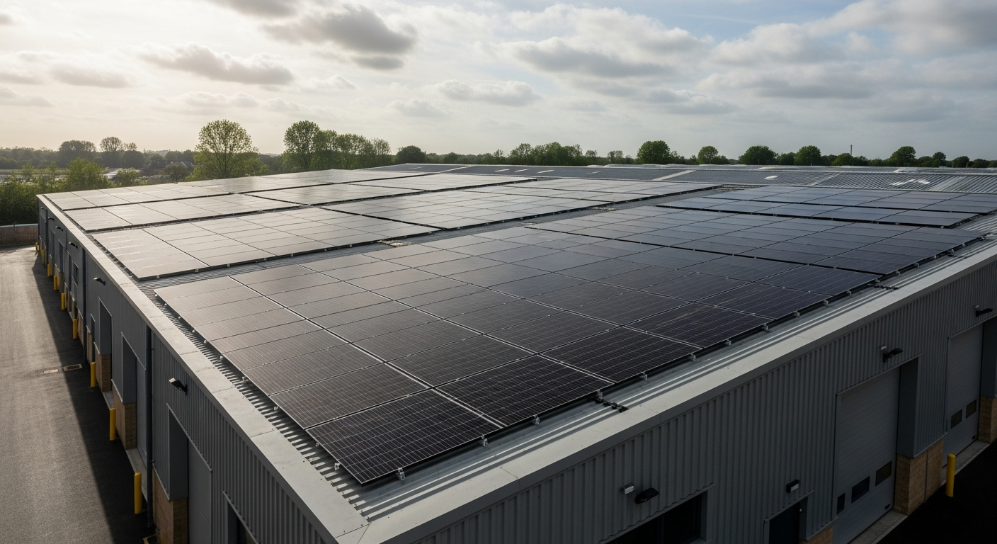 UK commercial warehouse building with a large array of sleek all-black monocrystalline solar panels