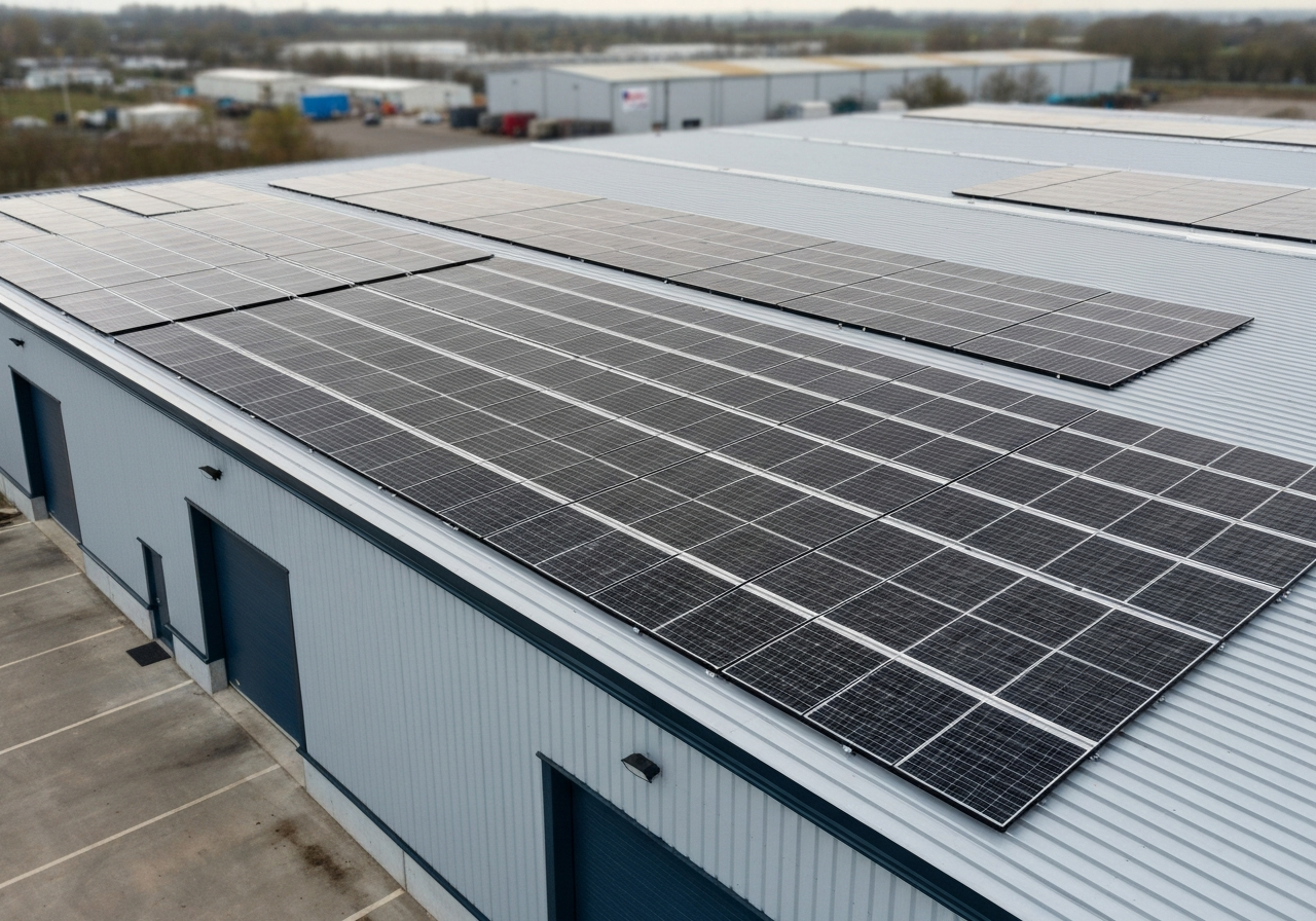 Large UK industrial unit steel-clad warehouse with all-black solar panels