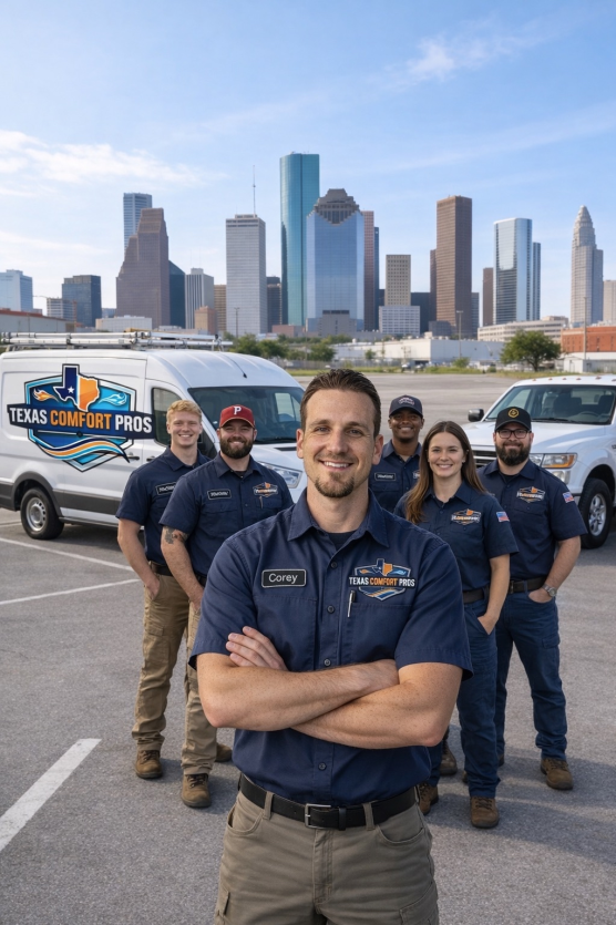 Texas Comfort Pros HVAC team with service vehicles in Houston