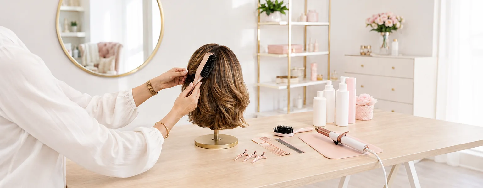 Brunette wig being brushed and prepared for styling and maintenance.