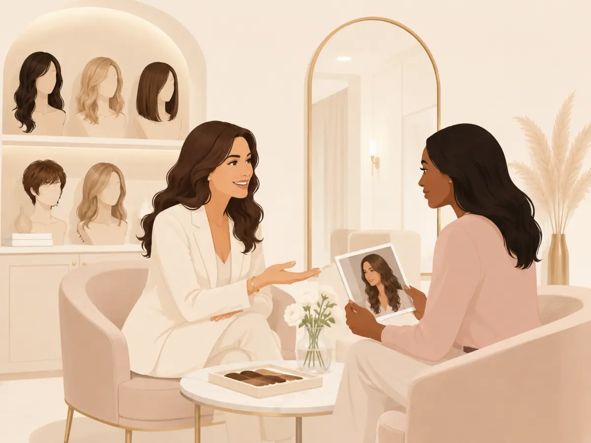 Illustration of a private consultation for a wig fitting