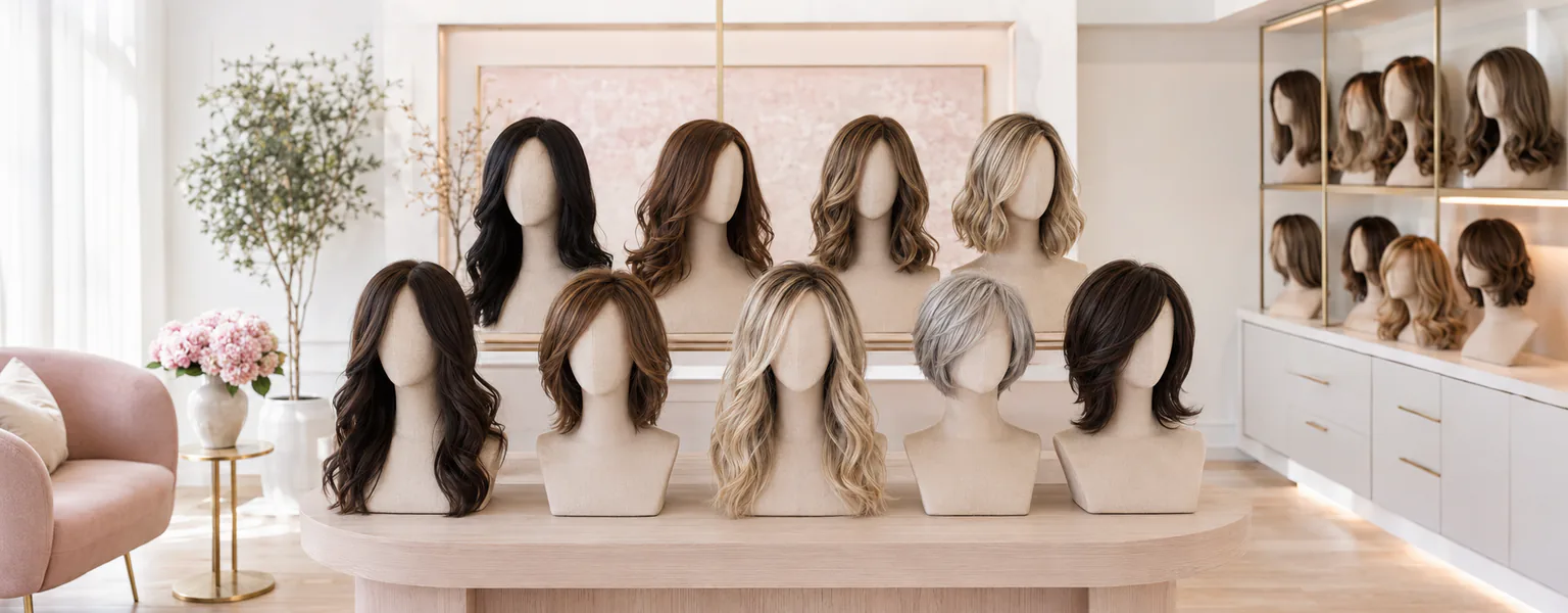 Collection of premium wigs in brunette, blonde, black, and gray styles.