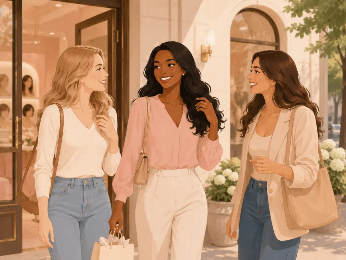 Illustration of people leaving a boutique with their new hair solutions