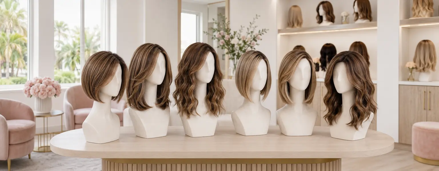 Collection of short and medium-length synthetic wigs in natural brunette shades.