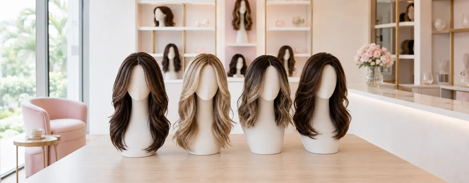 Human hair wigs displayed in a private wig boutique.
