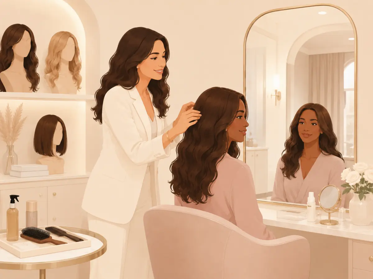 Illustration of a professional wig fitting and styling process