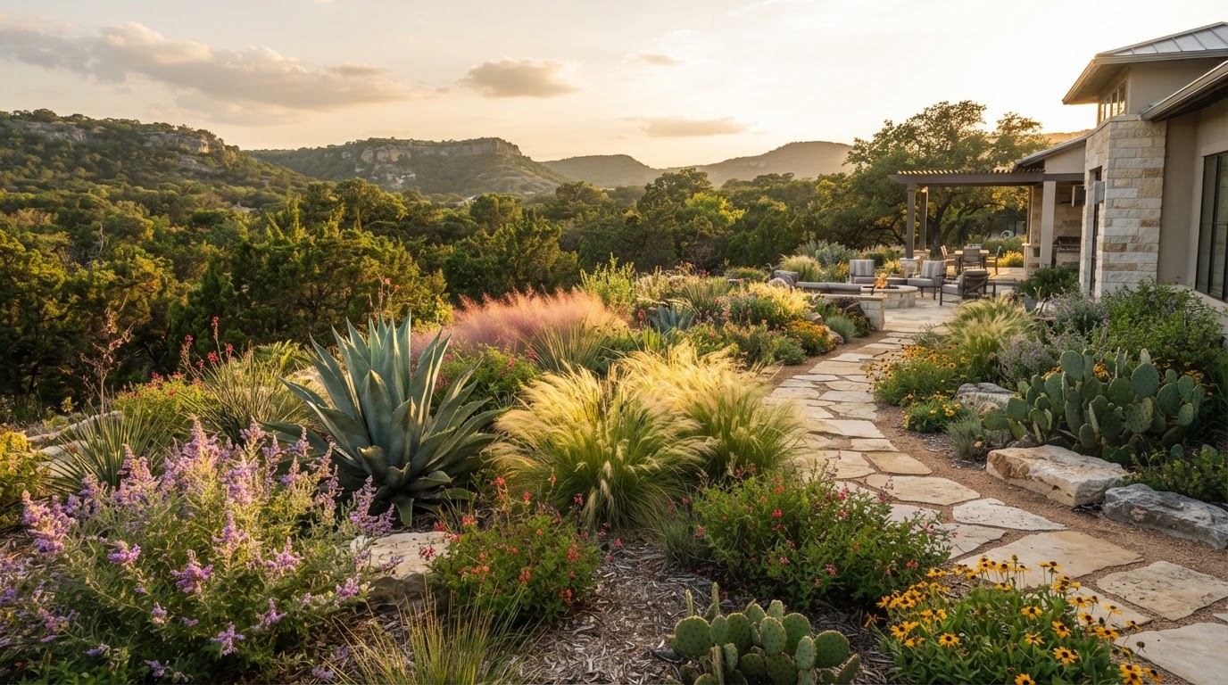 Lush low-water xeriscape landscape in Austin Texas with native plants
