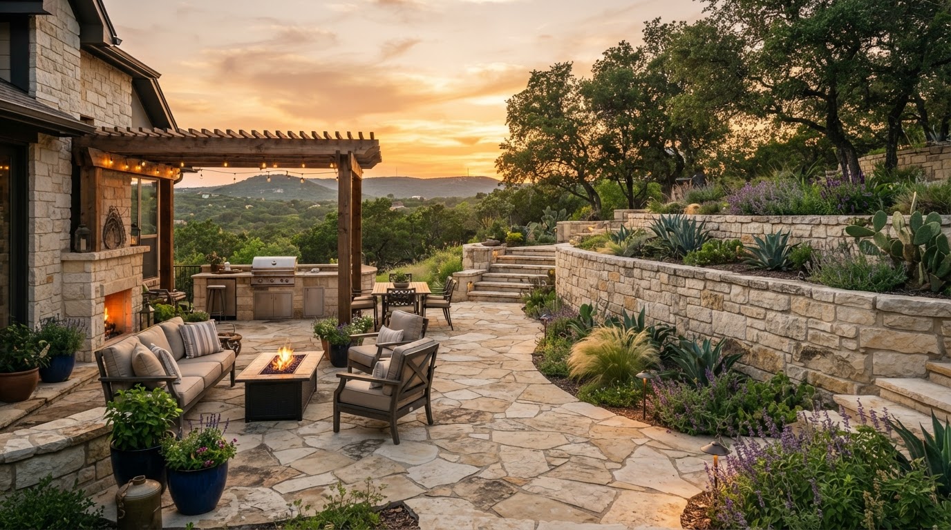 Flagstone patio with retaining wall in Austin Texas hill country