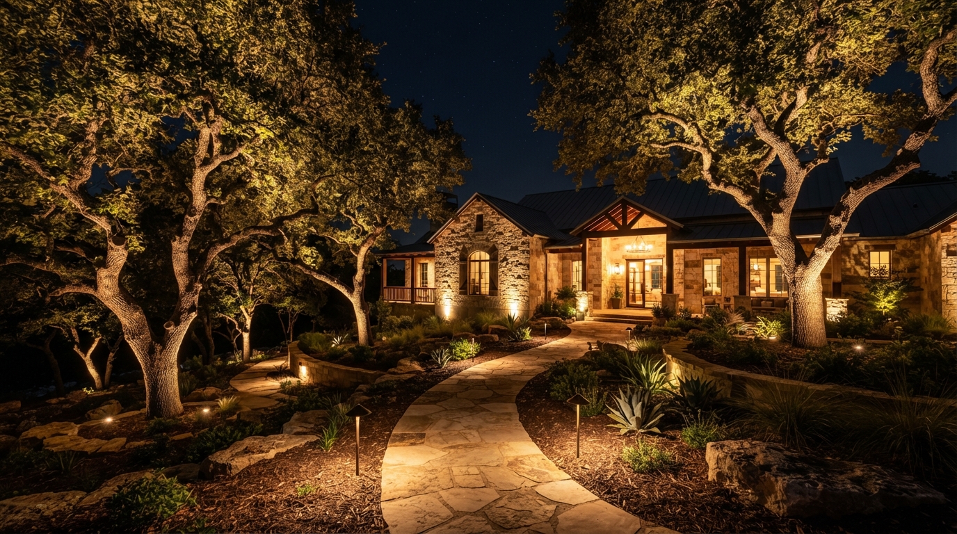 Landscape lighting installation in Austin, Texas at night
