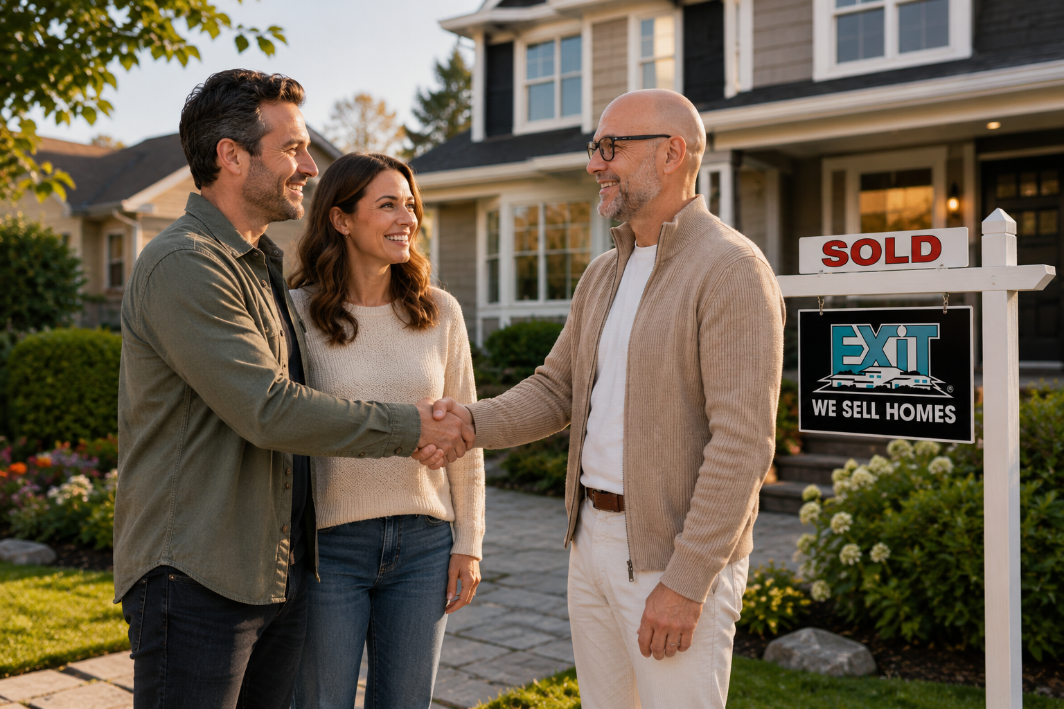 Agent shaking hands with clients in front of a sold home
