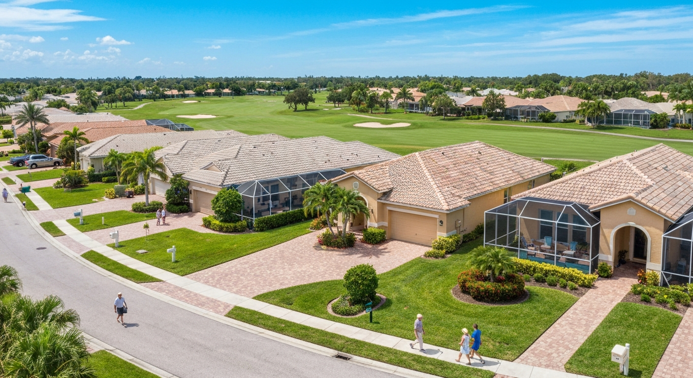 Boynton Beach active adult community, well-maintained homes, golf course in background
