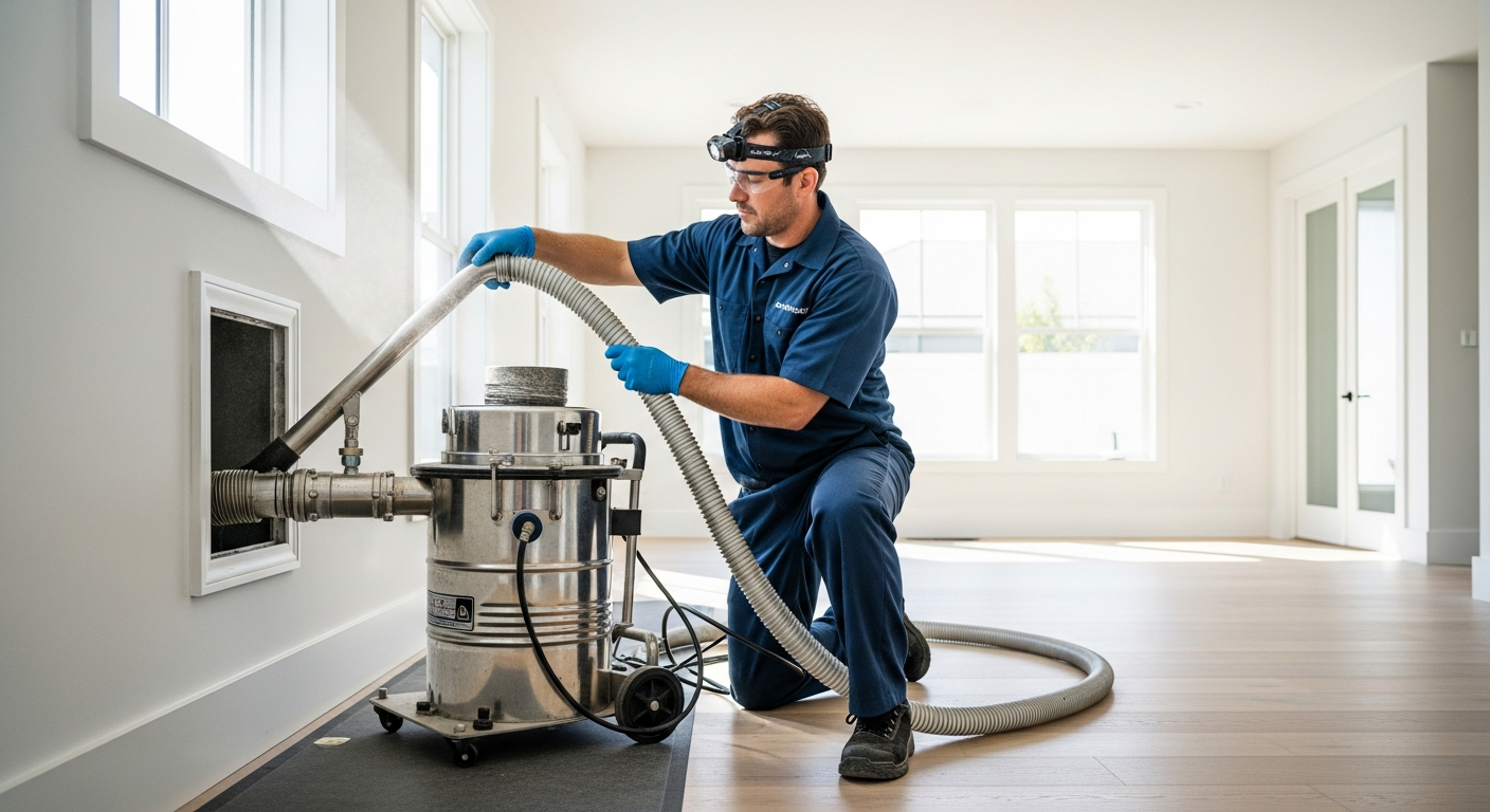 Duct cleaning equipment connected to supply vent in Palm Beach home interior