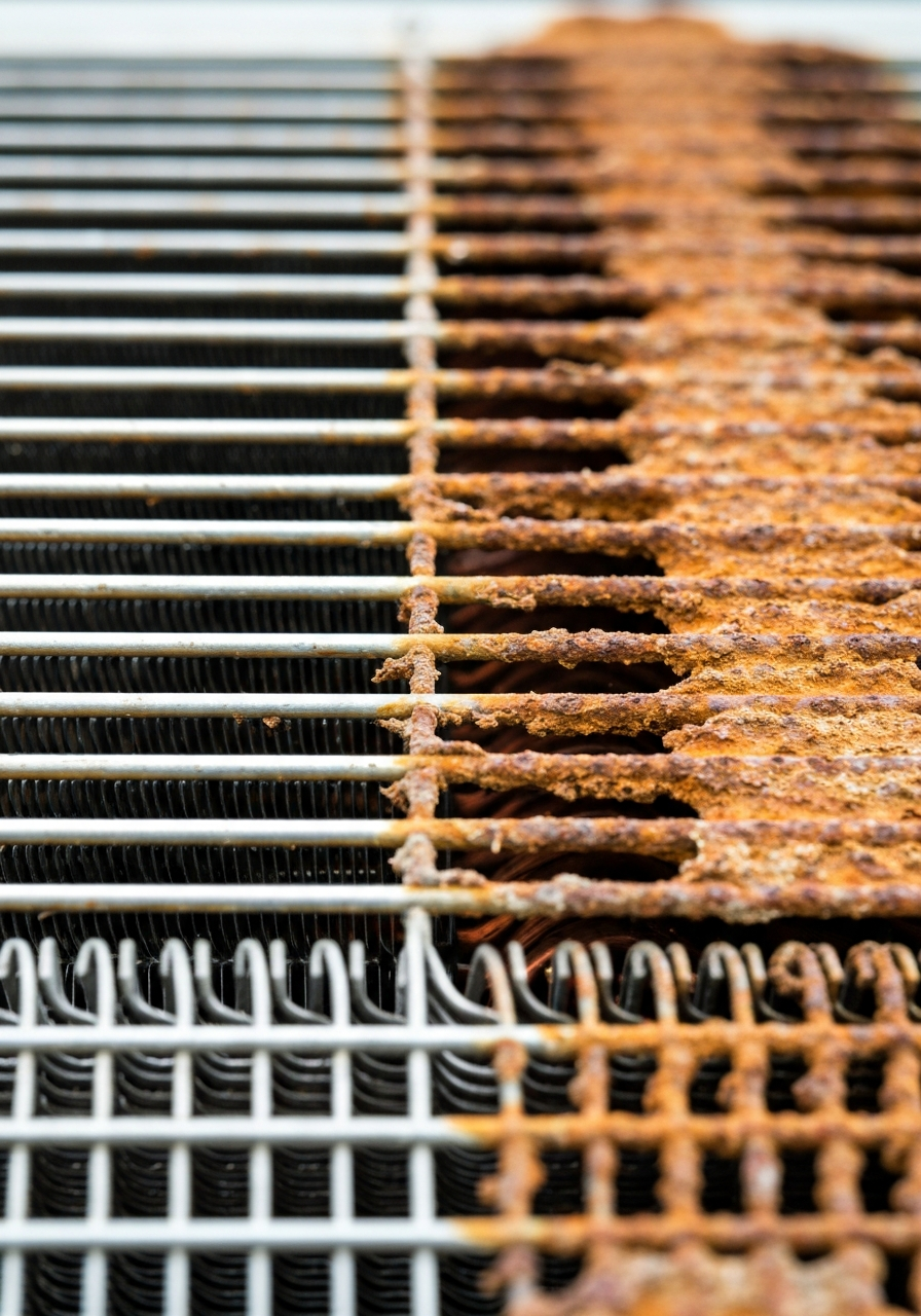Close-up of salt air corrosion on condenser coil fins