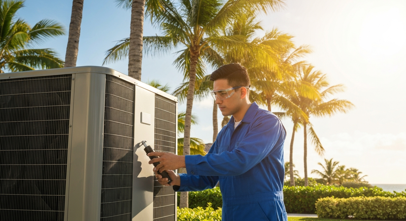 heat pump outdoor unit at Palm Beach home, technician inspecting