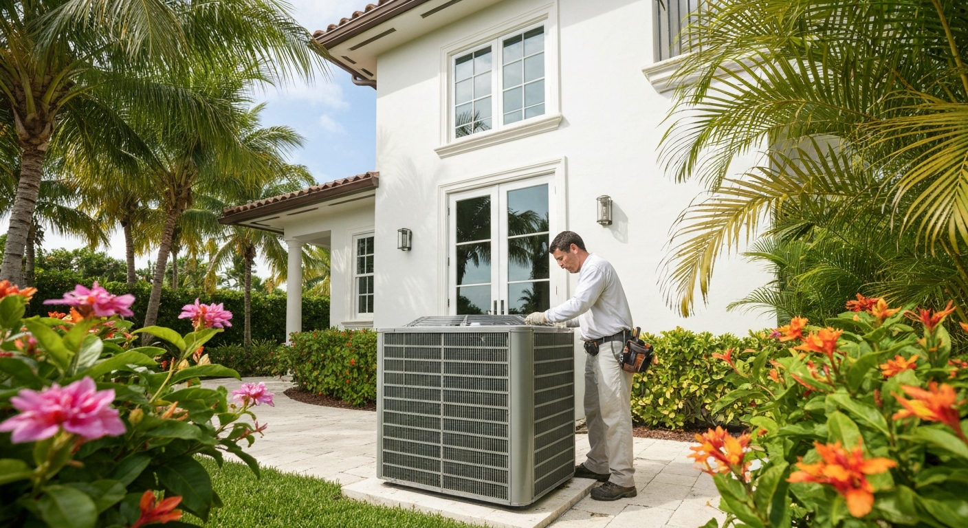 New AC condenser unit being installed outside a Palm Beach home by a licensed HVAC technician