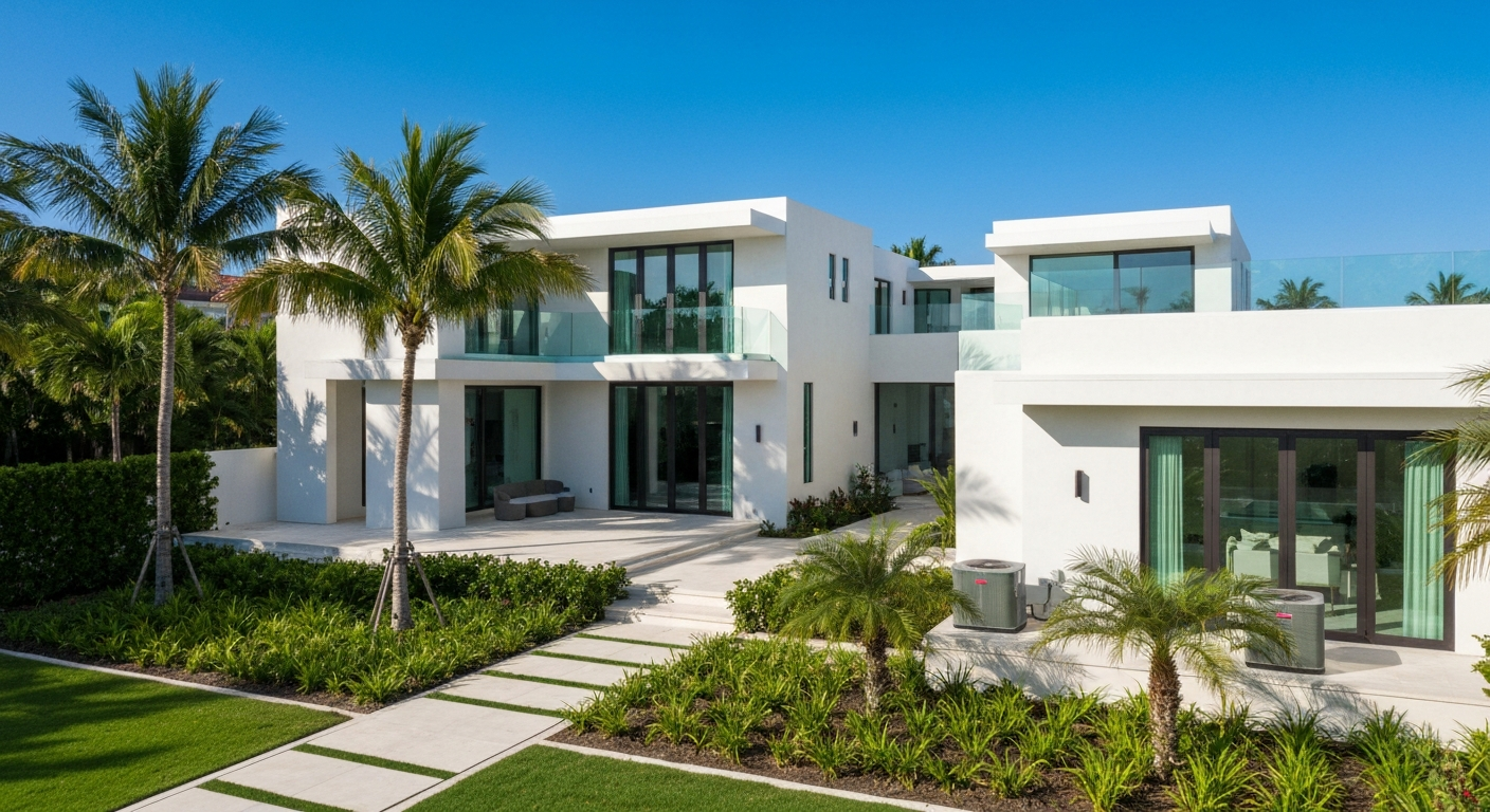 elegant Palm Beach estate exterior, manicured landscaping, discreet AC equipment