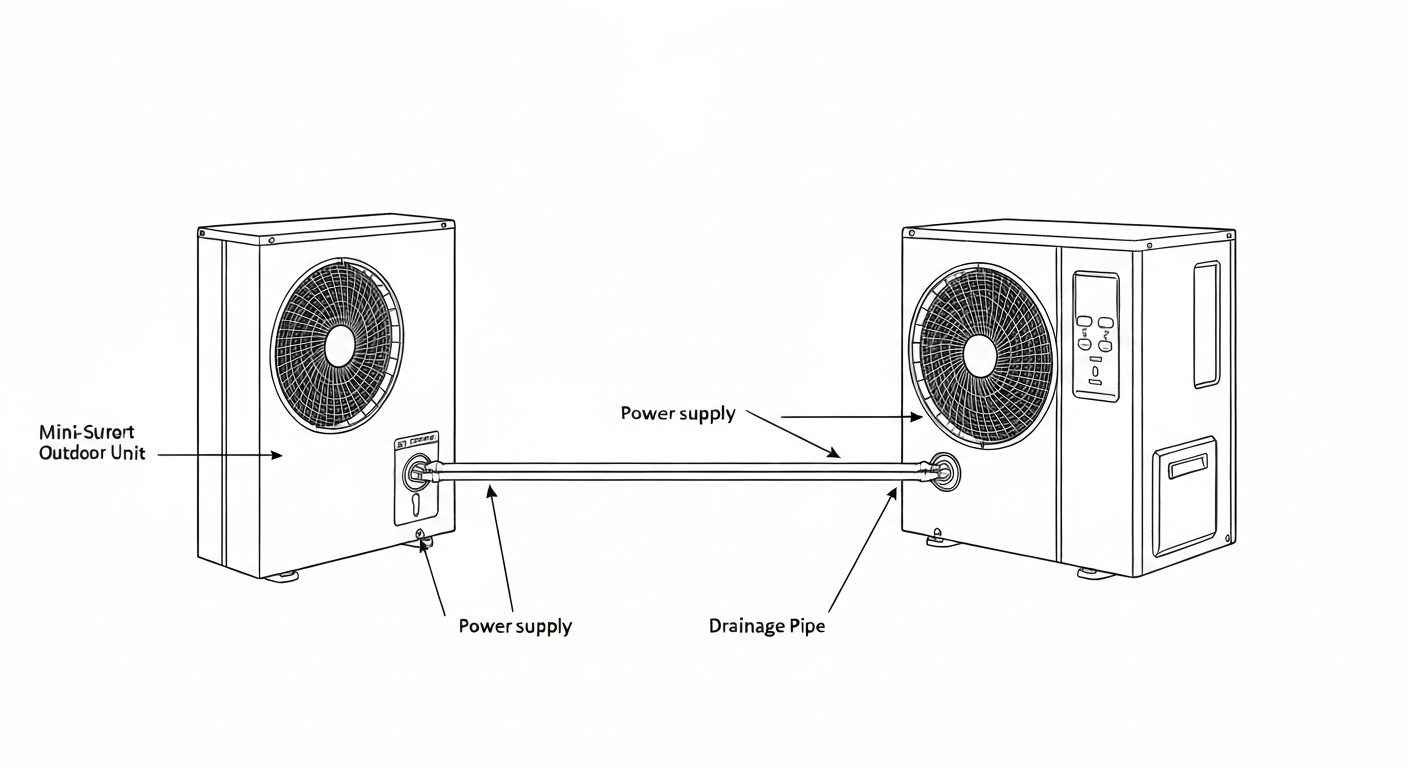 diagram showing mini-split indoor and outdoor unit connection, simple line drawing style