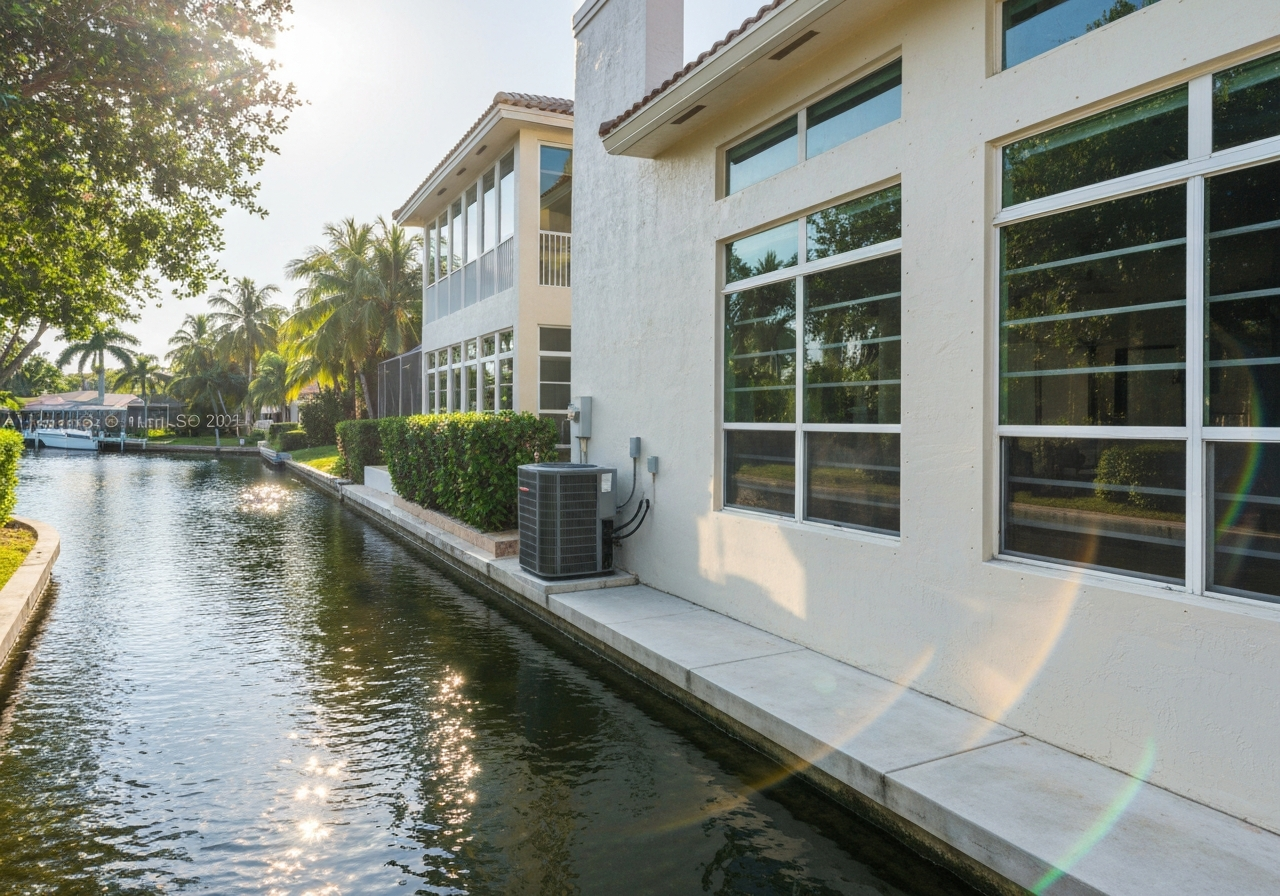 Boynton Beach canal-adjacent home, outdoor condenser unit visible, C-16 canal in background