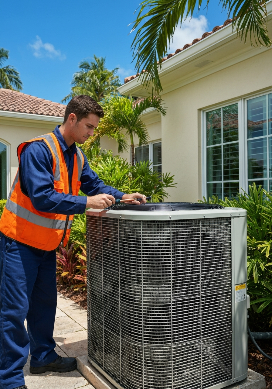HVAC technician diagnosing outdoor AC unit at a Palm Beach home