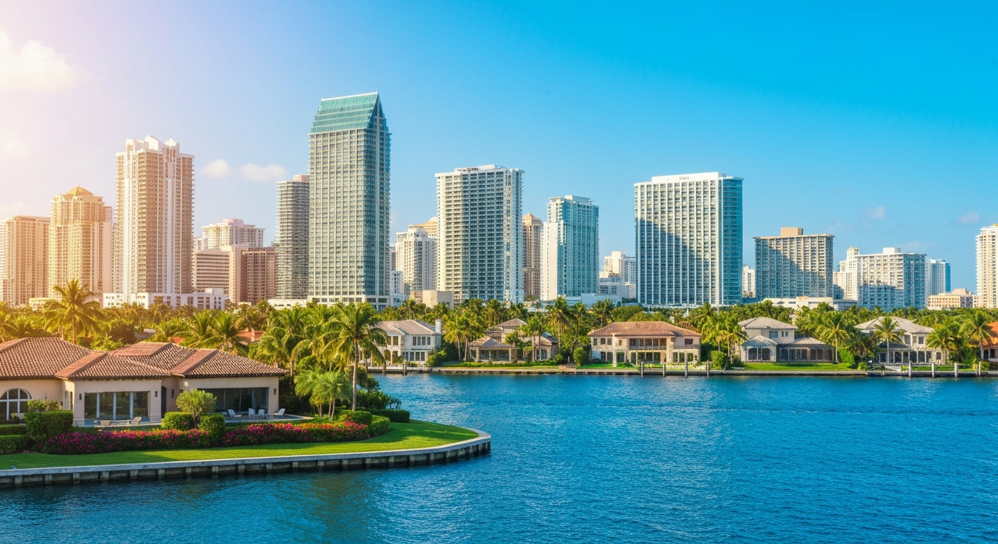 West Palm Beach skyline from Intracoastal, residential neighborhood in foreground