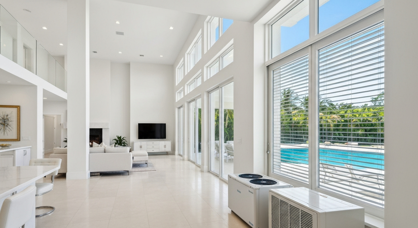 clean bright interior of Palm Beach home, modern air handler with UV light visible