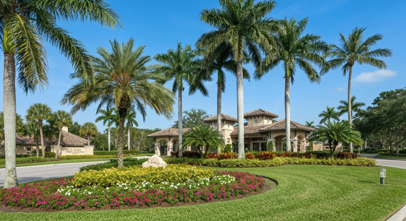 PGA National community entrance, palm trees, manicured landscape