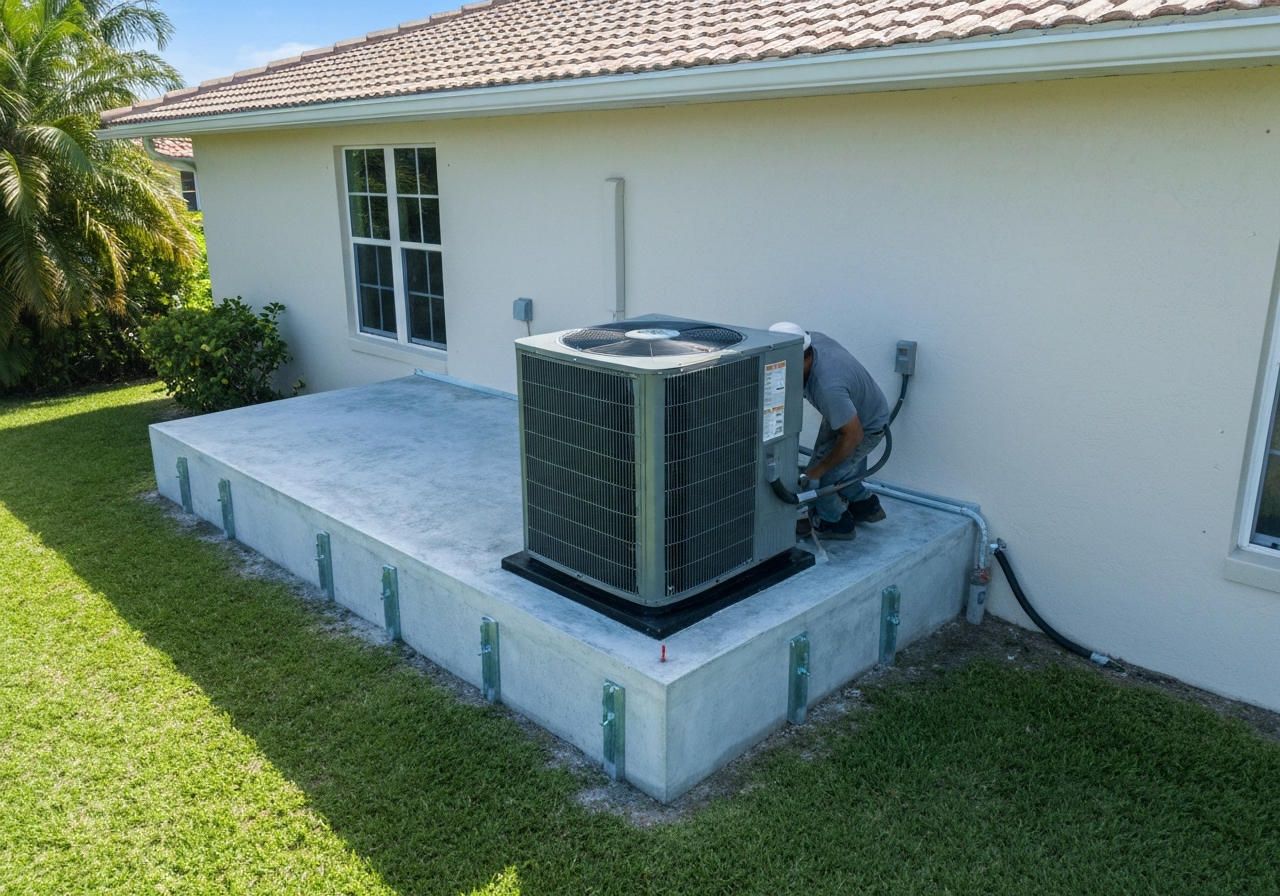 Hurricane-rated condenser pad installation at a Palm Beach home, licensed HVAC work