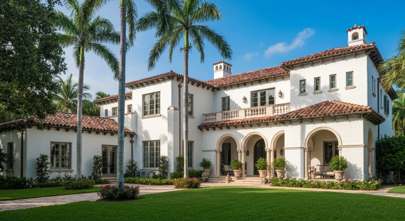 historic Palm Beach Mediterranean Revival estate, discreet exterior AC equipment placement