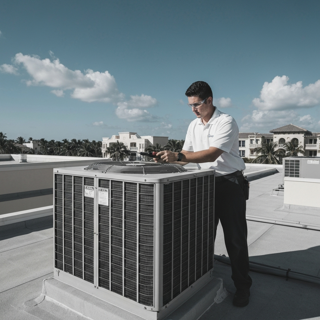 commercial rooftop AC unit on Palm Beach area building, technician inspecting