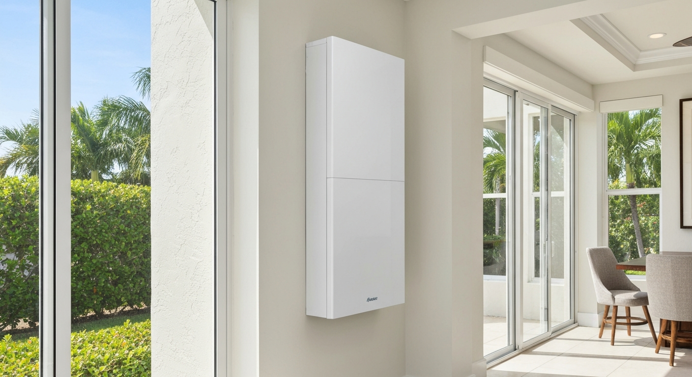 ductless mini-split indoor unit mounted on wall in bright Florida room, Palm Beach home