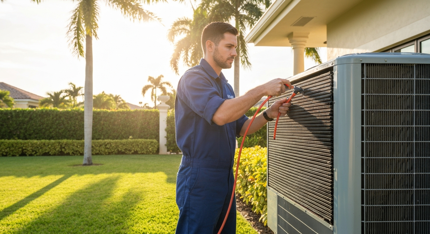 HVAC technician performing coil cleaning on AC unit at Palm Beach home