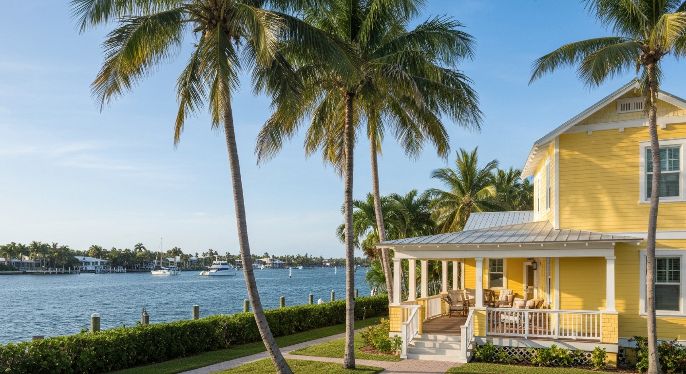 Lake Worth Beach neighborhood, bungalow-style home with palm trees, Bryant Park waterfront in background