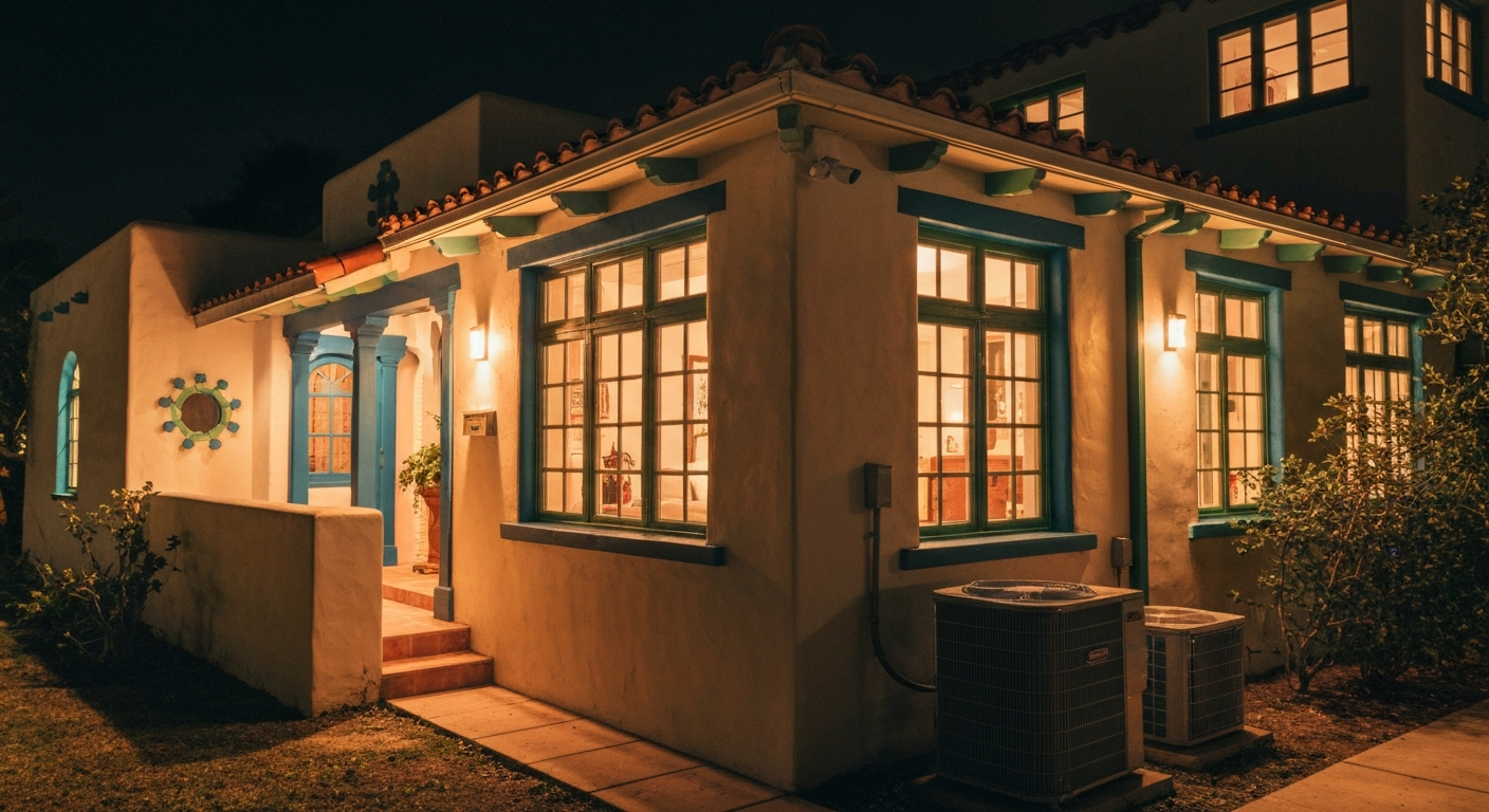 Nighttime exterior of Palm Beach home, lights on inside, AC unit visible