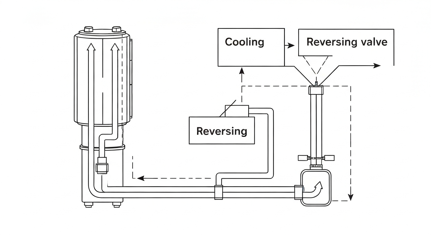 heat pump system diagram showing reversing valve and refrigerant flow direction in both cooling and heating mode
