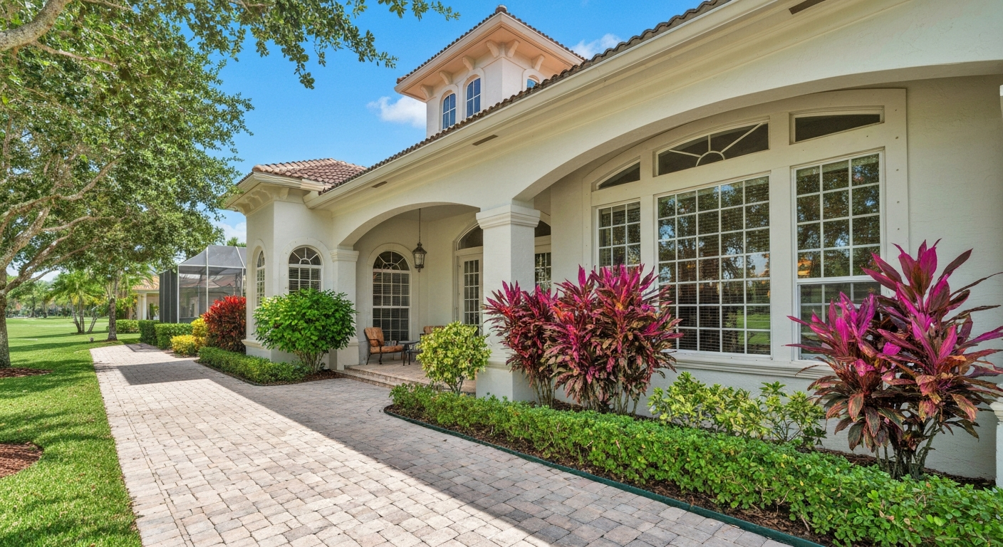 Palm Beach Gardens golf community, well-maintained home exterior with landscaping
