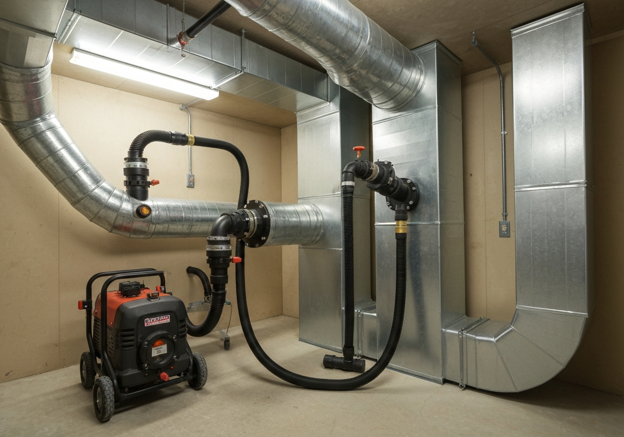 Negative pressure duct cleaning equipment connected to HVAC trunk line