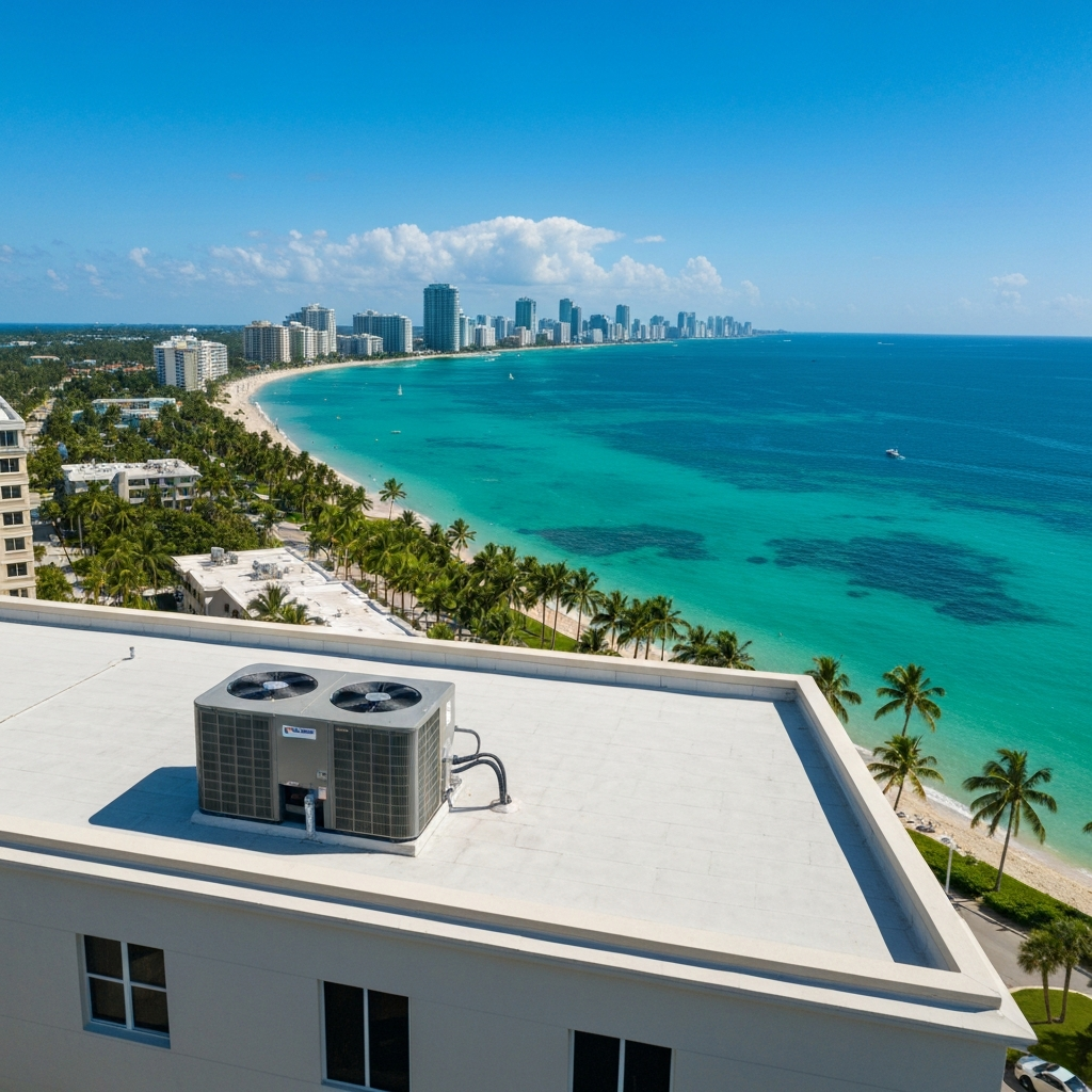 commercial AC unit on rooftop of Palm Beach area building, coastal skyline visible