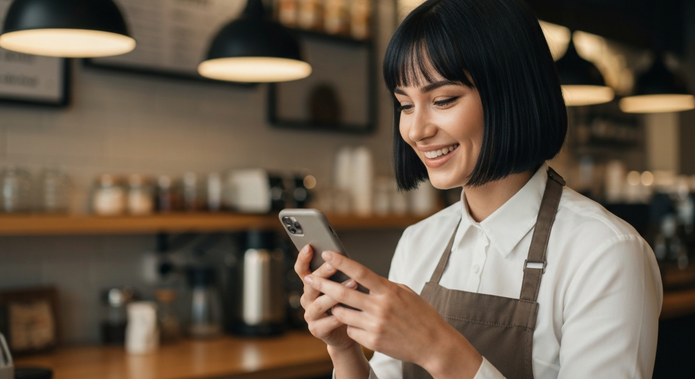 Local business owner checking reviews