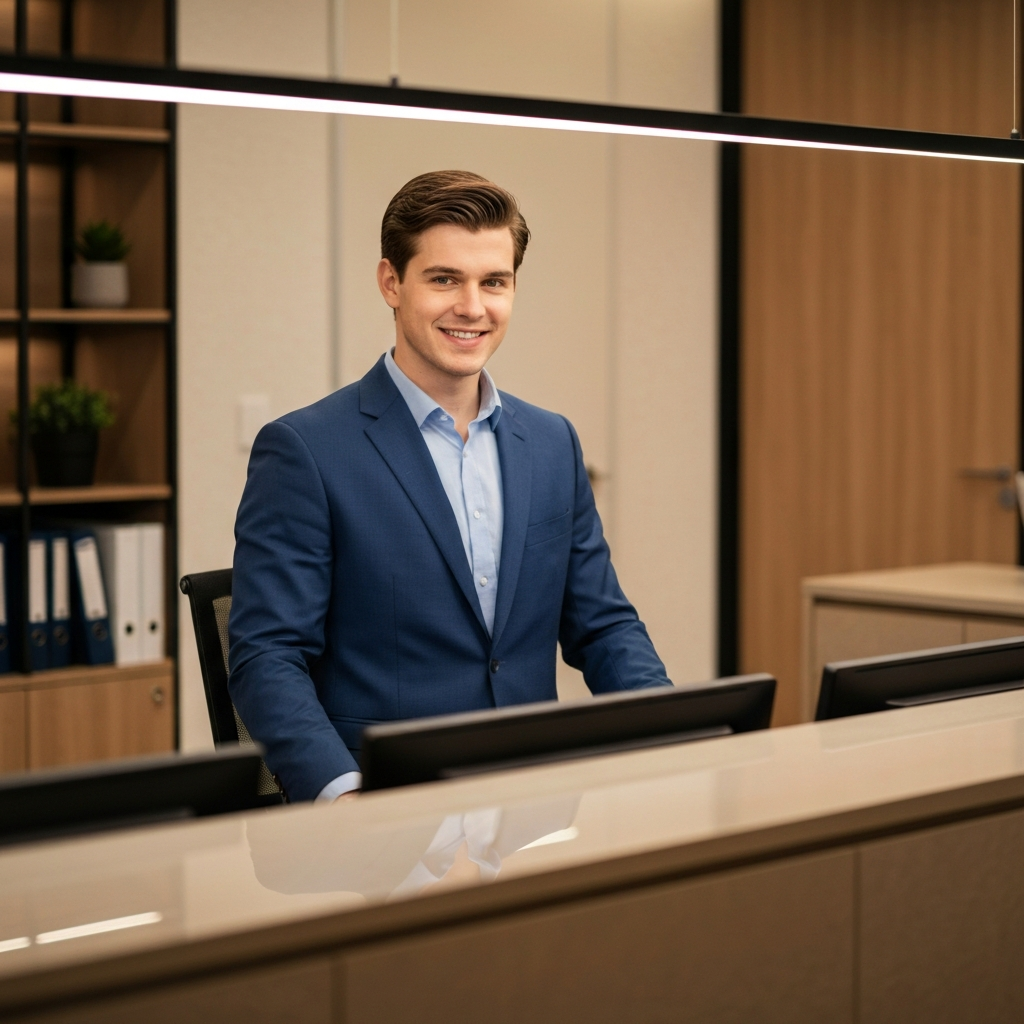 Realistic young male receptionist at a front desk