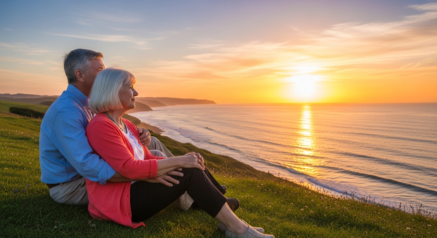 Older couple sitting together on a grassy hill overlooking the ocean at sunset