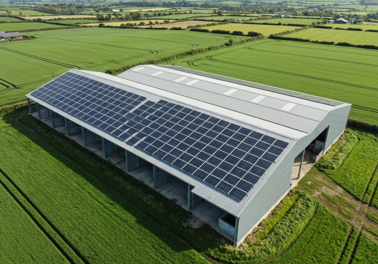 Agricultural farm shed with solar panels installed in the Irish countryside